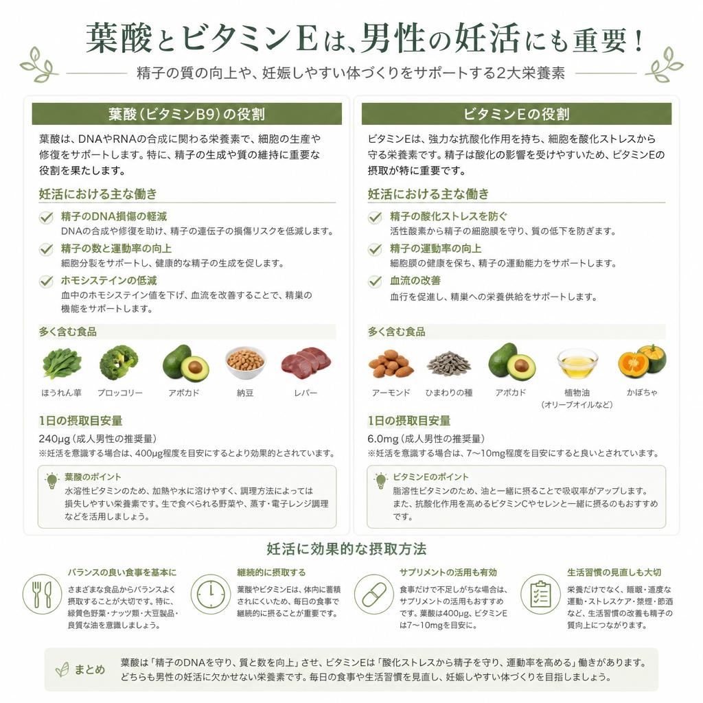 葉酸とビタミンE：健康で質の高い精子をサポート